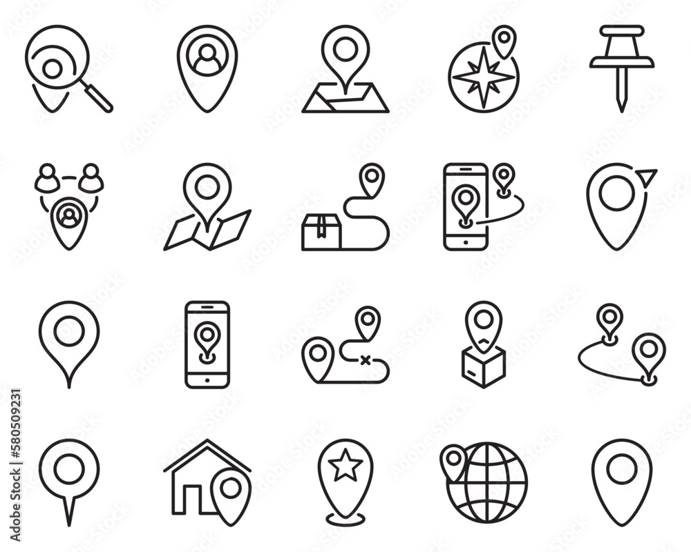 Fototapeta premium Set of 20 pin line icon. geography, satellite, cartography, find, target, distance, globe, lined, mark, navigation, point, position