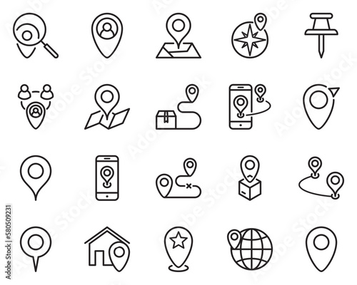 Set of 20 pin line icon. geography, satellite, cartography, find, target, distance, globe, lined, mark, navigation, point, position
