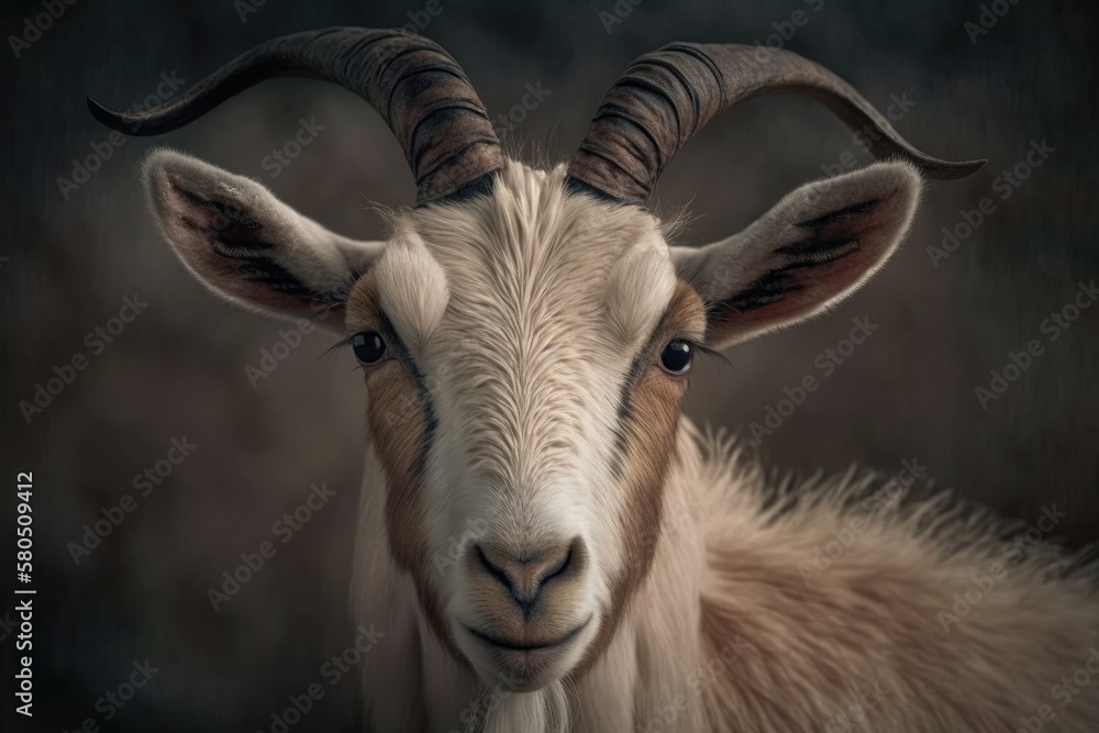 Face of a cute pet goat with a big horn. Generative AI Face of a cute pet goat with a big horn. Generative AI