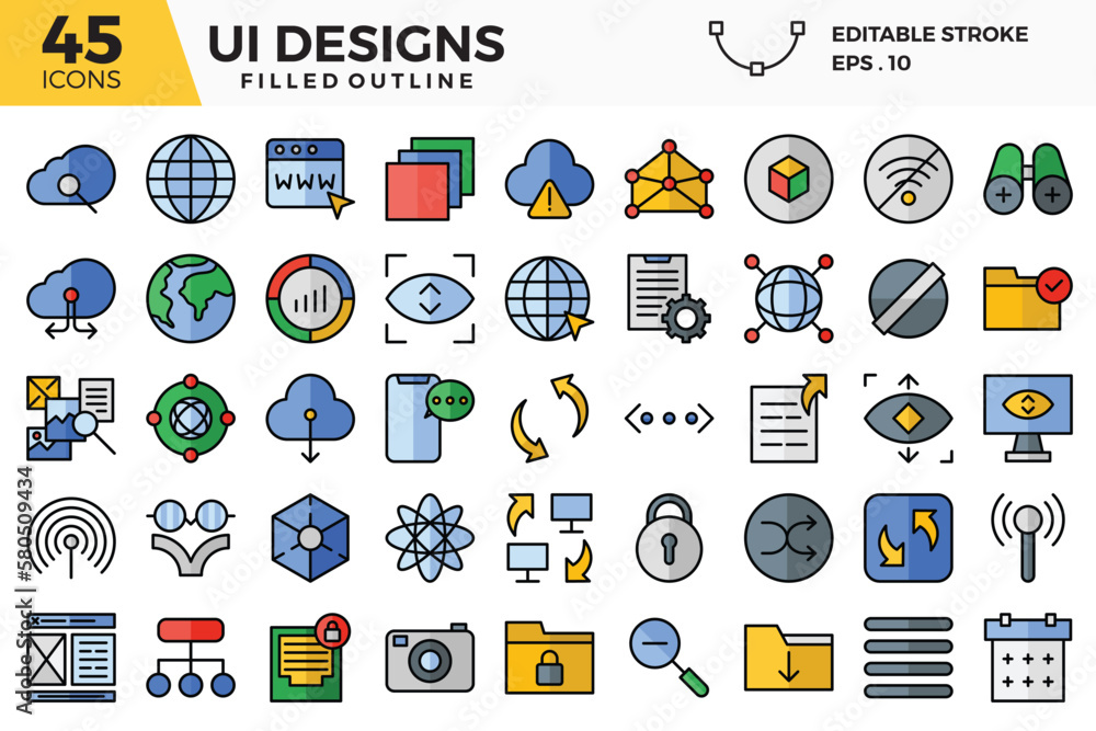UI design (filled outline) icons set.
The collections include for web design ,app design, UI design,business and finance ,network and communications and other.
