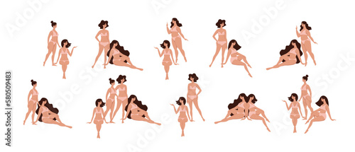 Women in swimsuits stand and sit in different poses, set of a group of characters of a woman in lingerie for a beauty salon, women s health, vacation on the beach. Flat vector illustration.
