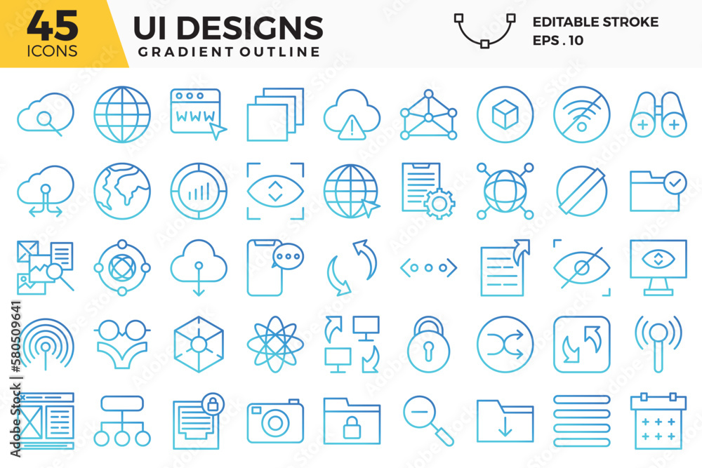 UI design (gradient outline) icons set.
The collections include for web design ,app design, UI design,business and finance ,network and communications and other.
