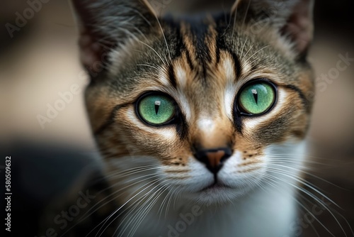 Beautiful green eyes on a cute female stray cat, close up photo of cat animal. Generative AI