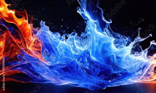 Water splashes with blue and orange colors, abstract like fire and smoke. Generative AI