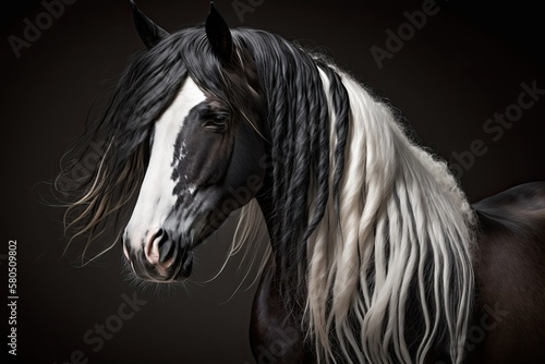 Close up picture of a black horse with a long mane. White and black. Generative AI © AkuAku