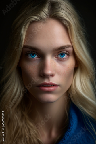 AI generated portrait of attractive young female with long blond hair and blue eyes looking at camera against black background