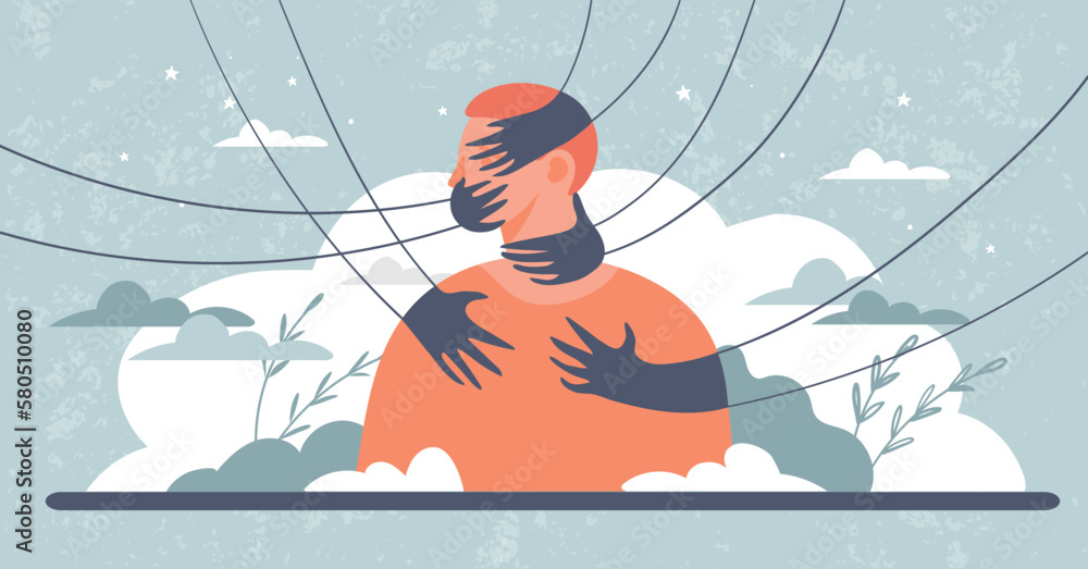 Conceptual illustration of childhood trauma, domestic violence, violation of personal boundaries, harassment. People s hands touch the man, strangle, hold the man. Psychology vector banner. - obrazy, fototapety, plakaty 