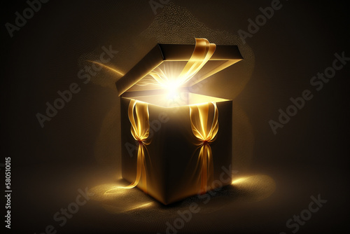Gold or Yellow open gift box with magical lights in the dark background made with Generative AI