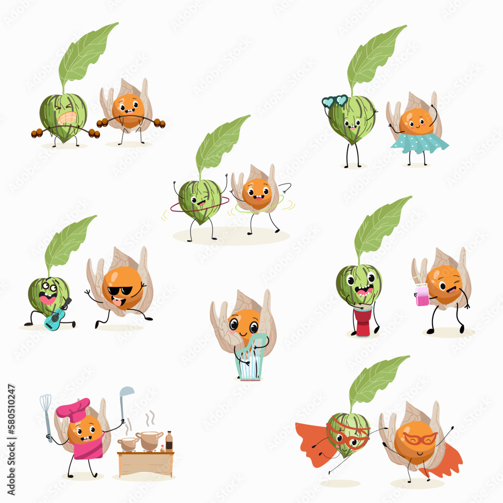 Fototapeta premium Illustration vector set, collection with funny tomatillo, tomato, physalis, physalis, uvilla, phisalis, uchuva, phisalys, ground cherry characters doing sports, playing musical instruments.