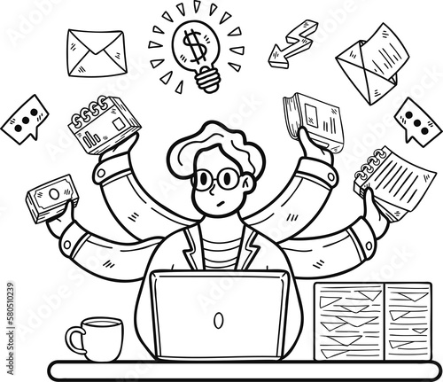 Businessman doing multitasking illustration in doodle style