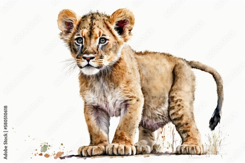 Obraz premium Baby lion, lion cub watercolor Stands out against a white background. Animal from Africa. Painting with watercolor. Generative AI
