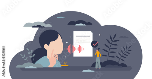 AI transcription software as speech into text transcript tiny person concept, transparent background. Talking language conversion to written document.