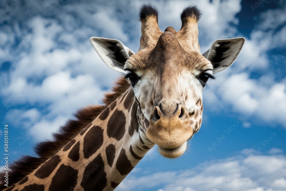 Portrait of a curious giraffe (Giraffa camelopardalis) in a wildlife refuge near Toronto, Canada, with a blue sky and white clouds in the background. Generative AI