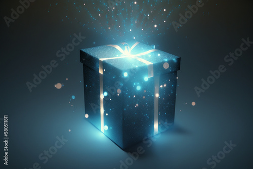 Blue gift box with magical lights made with Generative AI
