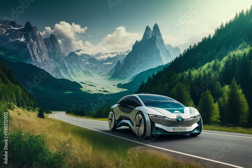 Sleek and Modern Electric Car on Winding Road. Generative AI. © dimensdesign