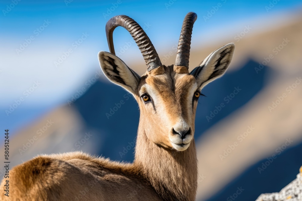 Ibex portrait. Switzerland wildlife. Ibex, Capra ibex, horned alpine animal, close up detail portrait, animal in its natural habitat of stone, Alps. Blue sky and wild animals. Generative AI Ibex portrait. Switzerland wildlife. Ibex, Capra ibex, horned alpine animal, close up detail portrait, animal in its natural habitat of stone, Alps. Blue sky and wild animals. Generative AI