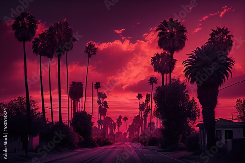 Fototapeta Sunrise at sunset boulevard with pink sky and the palm tree lined road, generati