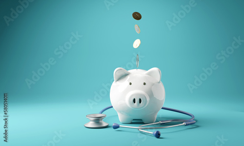 Piggy bank with stethoscope. Money box with falling coins. moneybox saving for medical insurance costs concept, 3D rendering