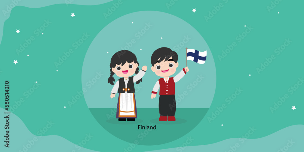 Naklejka premium Finland in national dress with a flag. Man and woman in traditional costume in earth and map.vector illustartion