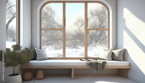 Large window frame nature view from outside  with curtain seat and pillows  modern interior design