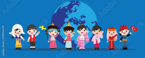 kid national Infographic with earth Traditional Costume and Vector Illustration