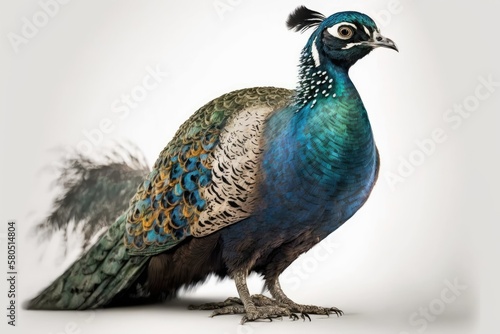 A single peacock on a white background. Generative AI