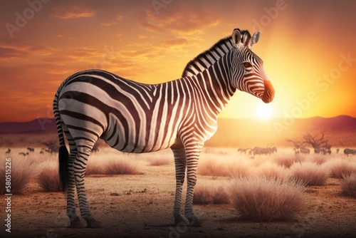 Zebra in savannah African wildlife on sunset background, Africa day. Created Generative Ai