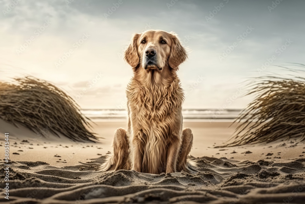 A golden retriever is sitting on the Baltic Sea sand beach. Idea for a story about a purebred dog's summer adventures at the beach. Generative AI A golden retriever is sitting on the Baltic Sea sand beach. Idea for a story about a purebred dog's summer adventures at the beach. Generative AI