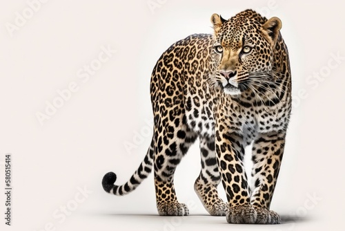Studio shot of a leopard, Panthera pardus, standing in front of a white background; remastered. Generative AI
