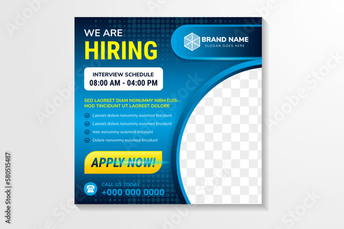 Job recruitment engineer design for companies. Square social media post layout. We are hiring banner, poster, background template with blue gradient color. dot halftone pattern with space photo.