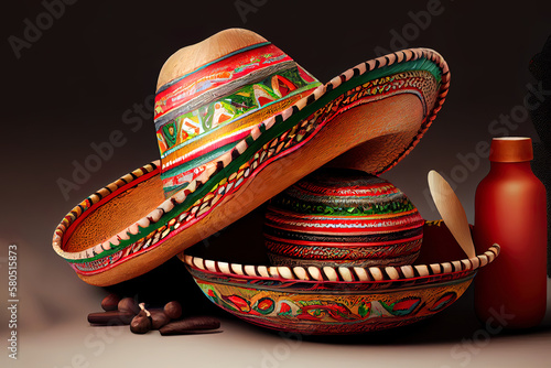 Mexican sombrero and maracas. Generative Ai