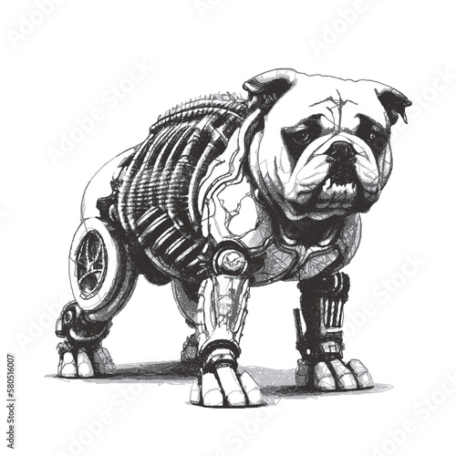 Biomechanical Bulldog cyborg. Doodle sketch. Vector illustration.