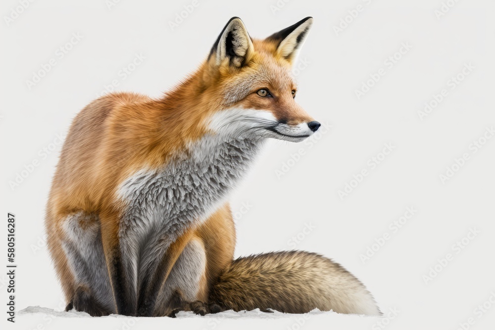 Fototapeta premium A lone red fox on a white background. Generative AI