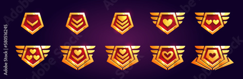 Set of game rank badges with hearts isolated on background. Vector cartoon illustration of golden pentagonal progress medals with chevrons, metal wings. Life, power, energy symbols. Gui elements