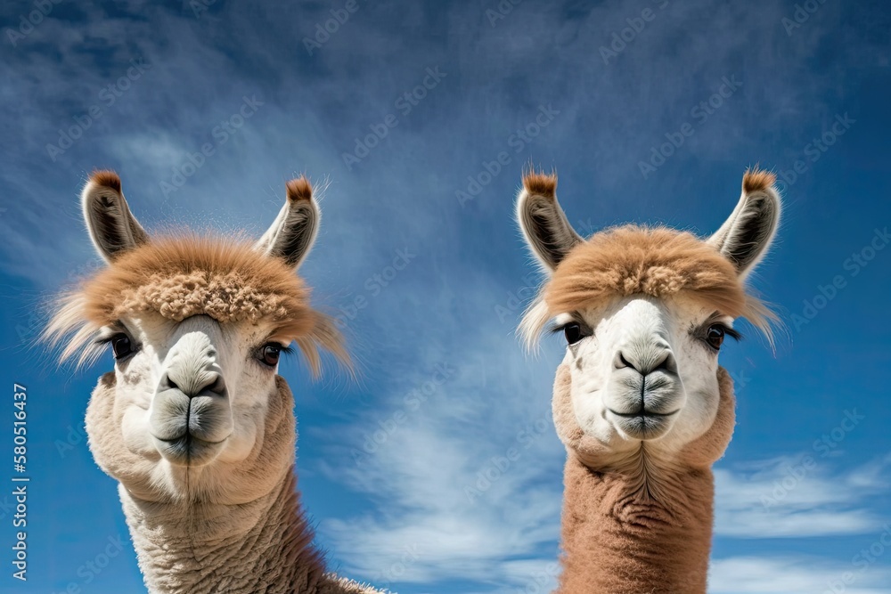 A picture of two alpacas in front of a blue sky. Camelid from South America. Generative AI