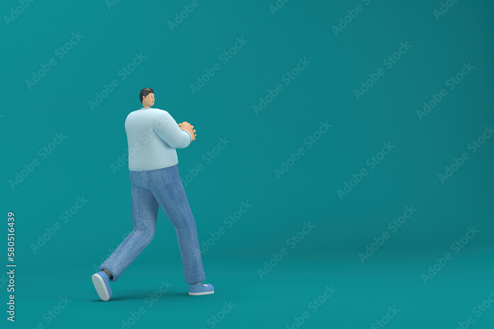 cartoon character wearing jeans and long shirt. He is pulling or pushing something. 3d rendering in acting. cartoon character wearing jeans and long shirt. He is pulling or pushing something. 3d rendering in acting.