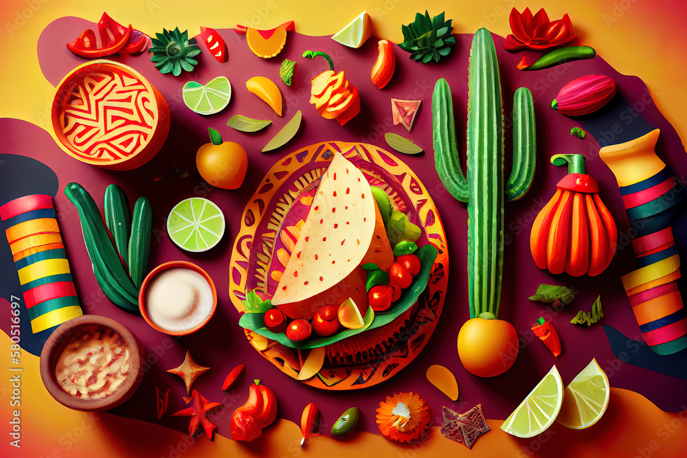 Photo beautiful mexican party decoration with food. Generative Ai