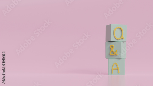 Three green cubes with Q and A on pink background with copy. FAQ Concepts, Q and A, Question Frequency, Inquiries, Answers, Questions. 3D render illustration.