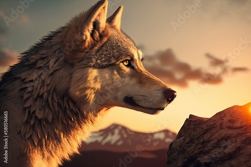 Wonderful detail in nature. The close up picture of a big wolf. The big wolf is standing on a rock and looking around. In the background  there is a beautiful sunset and a yellow sky. Generative AI