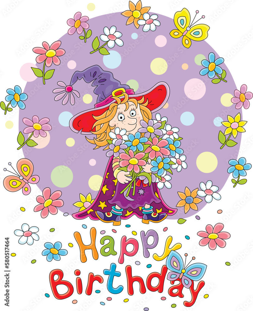 Naklejka premium Happy birthday card with a funny little fairy holding a beautiful bouquet of colorful flowers and merry butterflies flying around, vector cartoon illustration