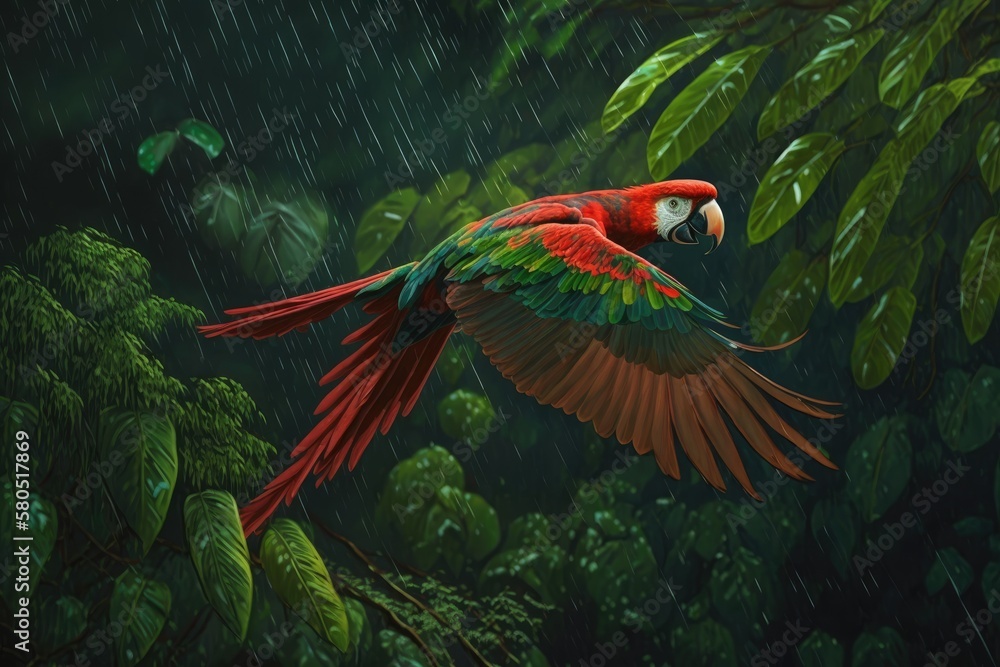 Raining red parrot. A macaw parrot is flying through dark green plants