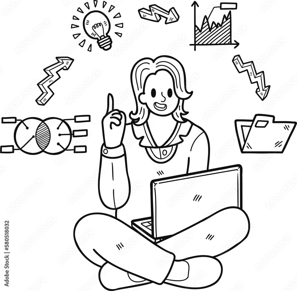 Businesswoman doing multitasking illustration in doodle style