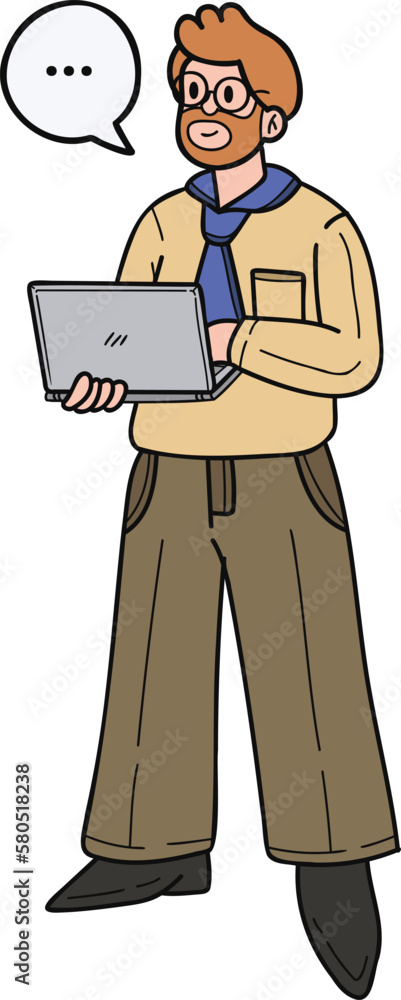 Male businessman standing with laptop presentation illustration in doodle style Male businessman standing with laptop presentation illustration in doodle style