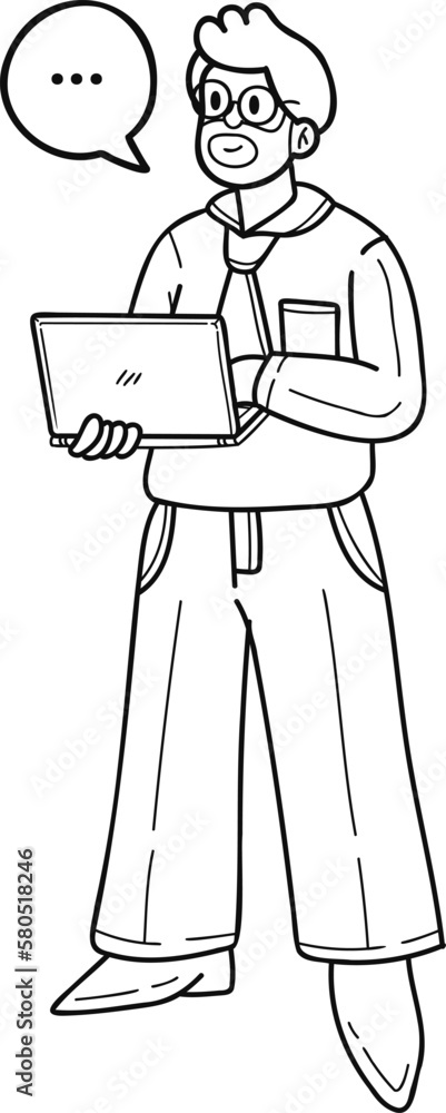 Male businessman standing with laptop presentation illustration in doodle style