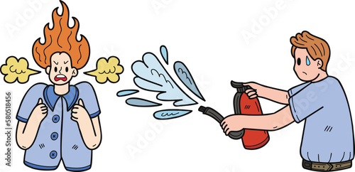 Angry business woman with a young man helping to extinguish the fire illustration in doodle style