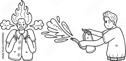 Angry business woman with a young man helping to extinguish the fire illustration in doodle style