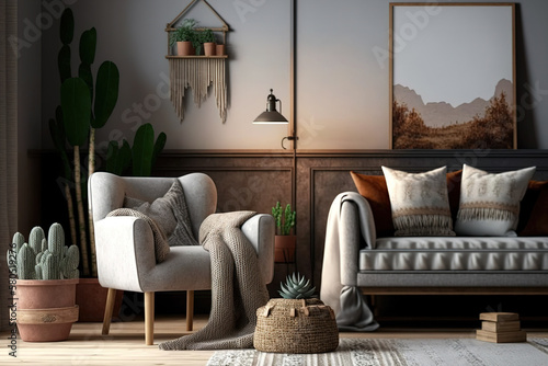 A rustic themed living room with a chair and a cozy divan. Consider using an abstract background when montaging or showcasing your products. Generative AI photo