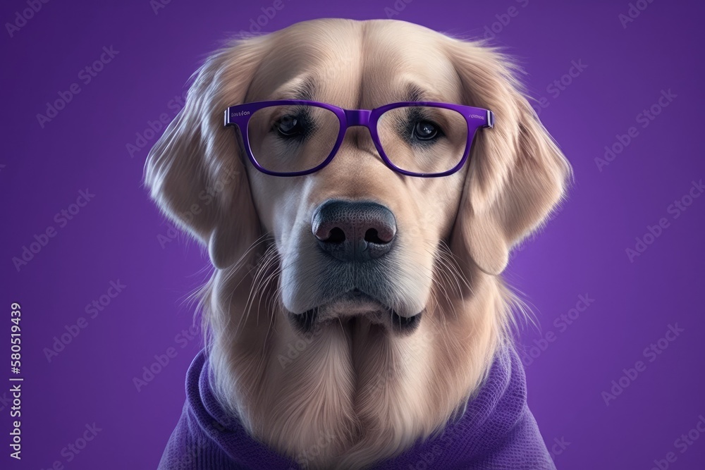 On a purple background, there is a dog with glasses and a purple sweater. Fashionable golden retriever dressed as a programmer or student. Generative AI