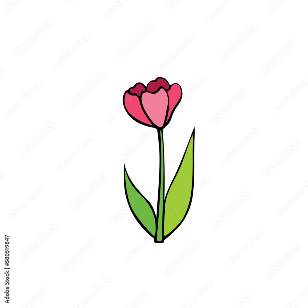 Vector red tulip flower isolated on white background. Hand drawn simple color illustration, clip art in doodle flat style. Symbol of spring, love, flowering Vector red tulip flower isolated on white background. Hand drawn simple color illustration, clip art in doodle flat style. Symbol of spring, love, flowering