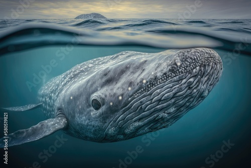 Gray whale (Eschrichtius robustus). Close up of the head of a gray whale. A whale in its own environment. A picture of a whale swimming. Arctic marine animals. The Bering Sea, Chukotka, and Russia's f photo